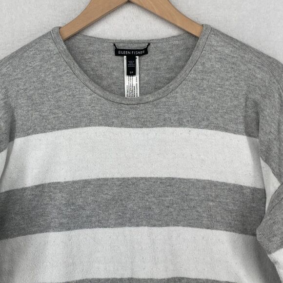 EILEEN FISHER Sweater S Organic Cotton Striped Reversible Pullover Gray White - Picture 6 of 14